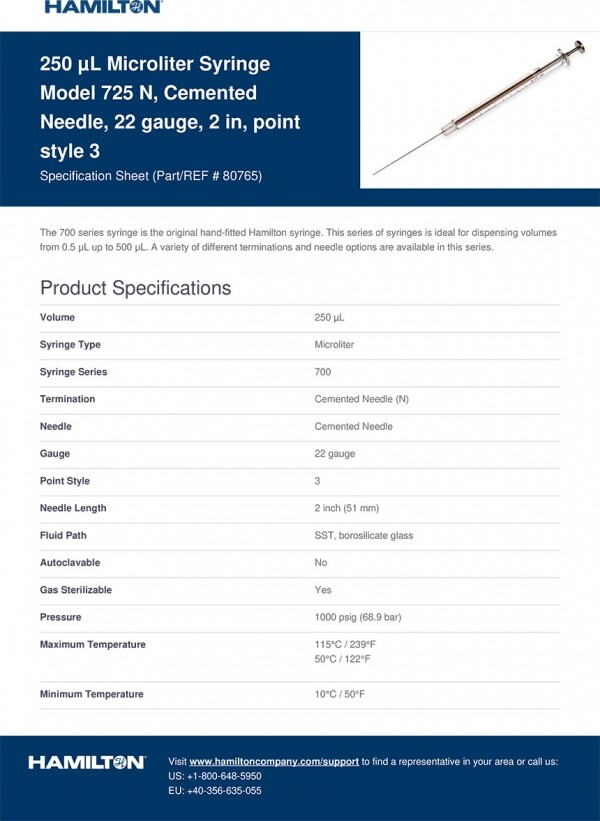 세진과학,해밀턴시린지 [80765] 250 µL Microliter Syringe Model 725 N, Cemented Needle, [개봉시 반품교환 불가] 700